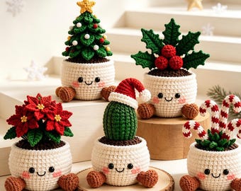 Crochet Christmas Potted Plant Ornament,Cute Smile Face Little Feet Pot,Handmade Amigurumi Xmas Tree Cactus Holly Candy,Cozy Christmas Gift