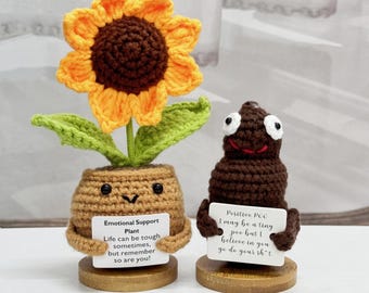 Funny Crochet Poo with Sunflower,Positive Poo,Emotional Support Plant,Long Distance Gift,Gag Gift,Funny Mother's Day Gift,Cute Desk Decor