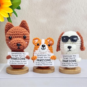 May include: Three crocheted dog figurines in brown, orange, and white, each holding a sign that reads "Sometimes You Forget You're PAWESOME." The dogs are on wooden bases, with one wearing sunglasses. A sunflower is in the background.