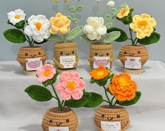 Personlig virkad krukväxt med jasmin och gardenia, söt stickad blomkruka, mors dag-present till mamma, mormor, moster, handgjord skrivbordsdekoration