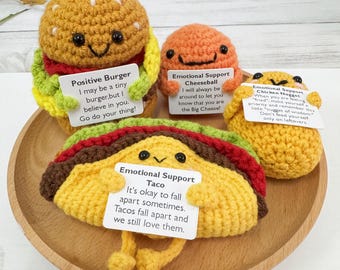 Söt virkad ostboll/taco/kycklingnuggets/hamburgare, virkad gosedjursleksak, present till emotionellt stöd, virkad skrivbordsdekoration, alla hjärtans dag-present