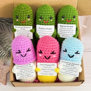 Handmade Crochet Pickle with Chill Pills-Emotional Support-Crochet Capsule-Chill Pill Plushie-Desk Decor-Mother's Day Gift-Cheer up Gift