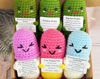 Handmade Crochet Pickle with Chill Pills-Emotional Support-Crochet Capsule-Chill Pill Plushie-Desk Decor-Mother's Day Gift-Cheer up Gift