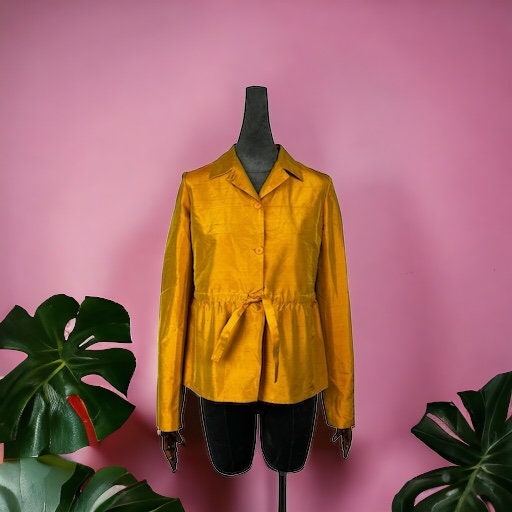 Vintage 90s Romeo Gigli Silk Blazer - Mustard Yellow, Peplum Style