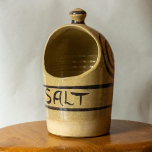 May include: A tan ceramic salt pig with a large opening and a small knob on top. The word "SALT" is written in black across the front. The salt pig has a rounded shape with black decorative lines.