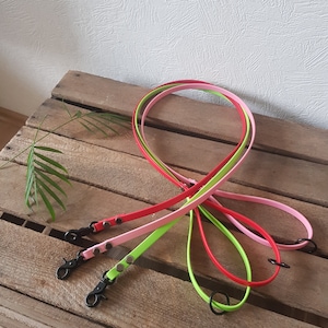 Könnte beinhalten: Drei Hundeleinen in verschiedenen Farben: grün, rosa und rot. Die Leinen bestehen aus einem glatten, gummiartigen Material und haben Metallverschlüsse und Ringe.