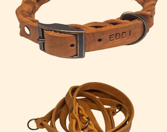 Set of oiled leather collar & leash, customizable, for dogs, braided, 2 cm leather width