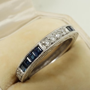 Art Deco Inspired Diamond Sapphire 14k White Gold Half Eternity Band