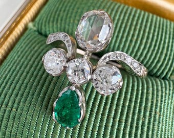 Edwardian Diamond Emerald 14k Platinum Ring