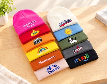 Embroidered Beanie， Custom Kids Beanie，Personalized Winter Hat，Parent Child Beanie，Monogram Family party Gift.