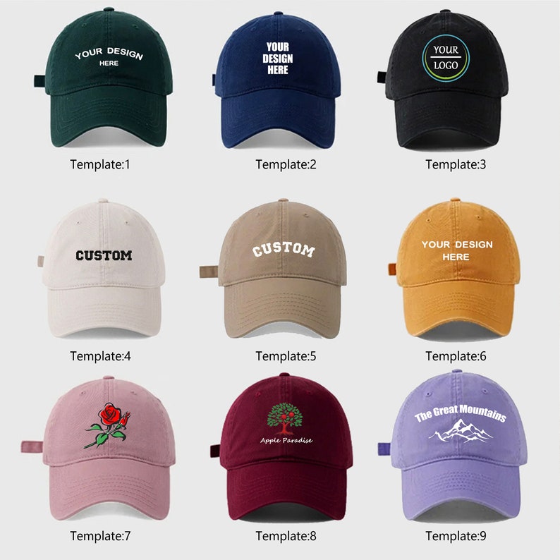 May include: Nine baseball caps in various colors, each with unique designs. The caps include text like "YOUR DESIGN HERE," "CUSTOM," and "YOUR LOGO." Other caps feature a rose, an apple tree, and mountain graphics. Each cap has a curved brim.