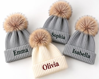 Custom Name Beanie, Family Beanie, Personalized Initial Beanie, Monogram Pom Pom Hat, Embroidered Hat, Mom Dad Kids Winter Hat