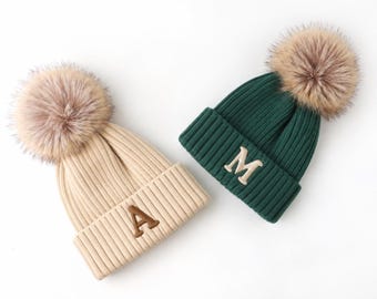 Personalized Initial Beanie, Monogram Pom Pom Hat, Name Beanie, Custom Embroidered Hat, Family Beanie, Mom Dad Kids Winter Hat