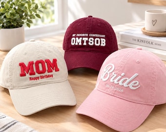3D Puff Text Baseball Hat, Custom Small Text Hat，Embroidered  Logo Hat，Party Hats, Gift for Dad Mom，Bride Hat，unisex cotton dad hats