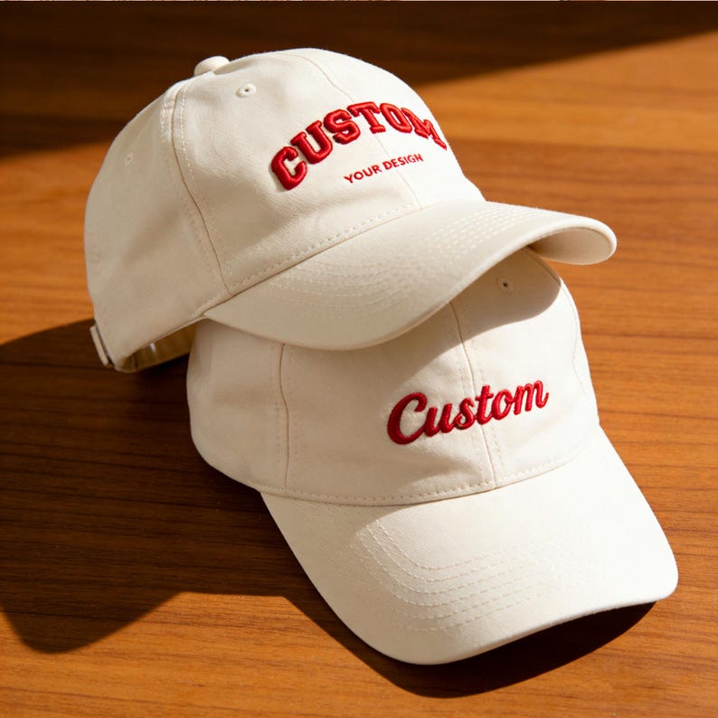 May include: Two cream-colored baseball caps stacked on top of each other. The top cap has the word "CUSTOM" embroidered in red, with "YOUR DESIGN" below it. The bottom cap has the word "Custom" embroidered in red.
