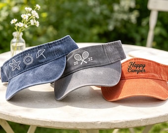 Personalized Text Name Monogram,Vintage Washed Cotton Visor,Custom Embroidered Hat,Adjustable Visor for Women Men,beach vacation sun hats.
