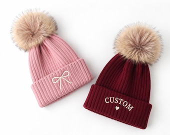 Embroidered Beanie, Custom Name Hat, Family Beanie, Personalized Initial Beanie, Monogram Pom Pom Hat, Mom Dad Kids Winter Hat