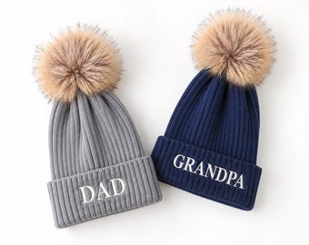 Family Beanie, Personalized Initial Beanie, Monogram Pom Pom Hat, Name Beanie, Custom Embroidered Hat, Mom Dad Kids Winter Hat