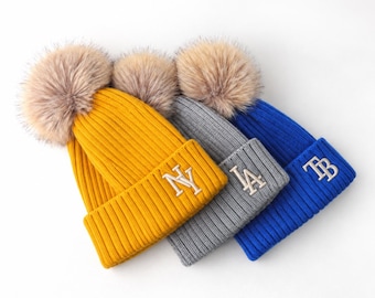 Monogram Pom Pom Hat, Name Beanie, Personalized Initial Beanie, Custom Embroidered Hat, Family Beanie, Mom Dad Kids Winter Hat