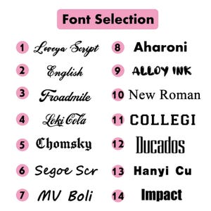 May include: A pink rectangular graphic with the words "Font Selection" in white. Below, fourteen font styles are displayed, each with a number and a sample of the font. The fonts vary in style, from script to bold sans-serif.