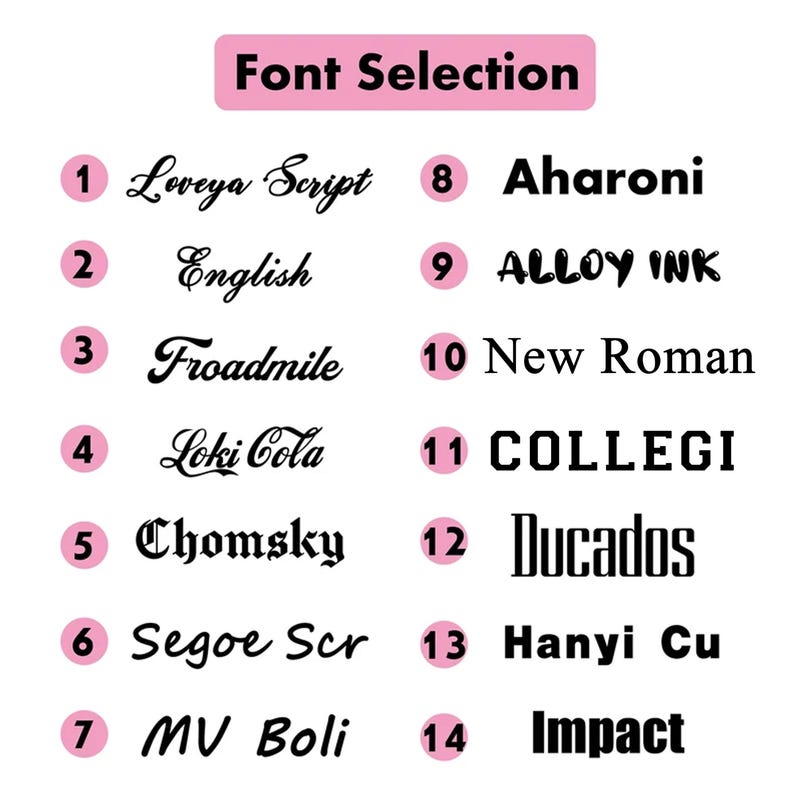 May include: A pink rectangular graphic with the words "Font Selection" in white. Below, fourteen font styles are displayed, each with a number and a sample of the font. The fonts vary in style, from script to bold sans-serif.