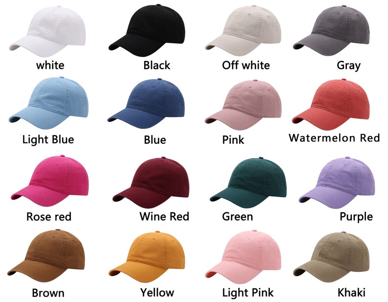 May include: A collection of baseball caps in various colors, including white, black, light blue, pink, and brown. Each cap has a curved brim and a fabric strap closure. The image displays the color names: white, black, off white, gray, light blue, blue, pink, watermelon red, rose red, wine red, green, purple, brown, yellow, light pink, and khaki.