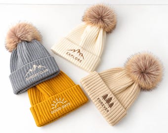 Custom Beanie, Embroidered Name Hat, Family Beanie, Personalized Initial Beanie, Monogram Pom Pom Hat, Mom Dad Kids Winter Hat
