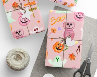 Funny Halloween SPOOKY Gift WRAP PAPER, Cute Pink Boo Ghost Gift Wrapping Paper for Party Supplies