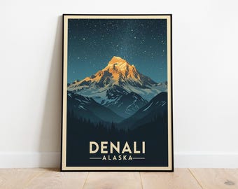 Denali Alaska väggkonst resepark affisch dekortryck, Denali Alaska bergsnationell konst, vintage resetryck, digital nedladdning