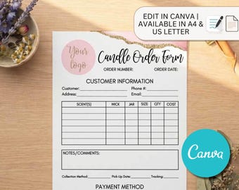 Editable Candle Custom Order Form Business Template, DIY Candle Order Form, Editable Candles Order Form Template, Business Order Forms DIY