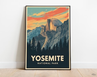 Yosemite National Park Poster Wall Art, Vintage Travel Art Print, Half Dome California, National Park Digital Download, Retro Nature Poster