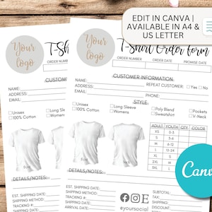 May include: A white T-shirt order form template featuring fields for customer information, order details, and style preferences. The document includes a placeholder for a logo, a size chart for adult and youth sizes, and illustrations of a T-shirt.