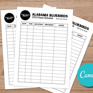 Könnte beinhalten: Druckbarer Spielplan-Vorlagen für die Alabama Bluebirds, mit Teamname, Jahr und Spielernummer. Die Vorlage enthält Spalten für Datum, Uhrzeit, Ort, Gegner und Notizen.