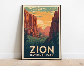 Zion National Park Poster Wall Art, Vintage Travel Art Print, Utah Travel Print, National Park Digital Download, Southwest Nature Poster Art