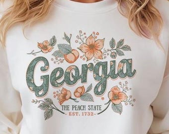 Georgia Coquette Floral Bow PNG, Vintage Preppy Peach State Floral Design Faux Crochet T-Shirts, Retro Girly Southern Sublimation Gift