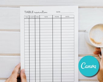 Liste modifiable des réservations de restaurant, feuille de connexion pour le modèle de journal de table, plan des places assises de l'hôtesse, formulaire de réservation de client de café, lettre numérique A4 US