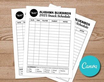 Peut inclure: Un modèle d'horaire de collation imprimable pour la saison 2025 des Alabama Bluebirds. L'horaire comprend des colonnes pour la date, l'heure, le joueur, le parent et les notes. Il comprend également une section pour les informations sur les allergies, avec des cases à cocher pour les allergènes courants tels que le lait, les œufs, le poisson, les noix, le blé, le sésame, les crustacés, les arachides et le soja.