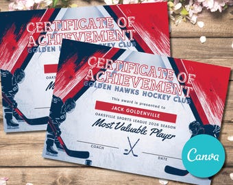 Editable Hockey Sports Certificate Template Award Gift, Printable Hockey Awards Certificate Team Achievement, End of Season Award