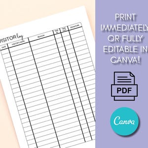 May include: A black and white visitor log template with columns for date, visitor's name, reason, time in/out, and signature. Text on the right says "Print Immediately or Fully Editable in Canva!" with a PDF icon and a Canva logo.