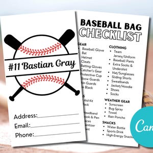 Bearbeitbare Baseball-Taschenanhänger-Gepäckvorlage, benutzerdefinierte Sport-Rucksack-Gepäck-Baseballtasche Tag-Namenscheckliste, Baseball-Überlebenskit-Tasche