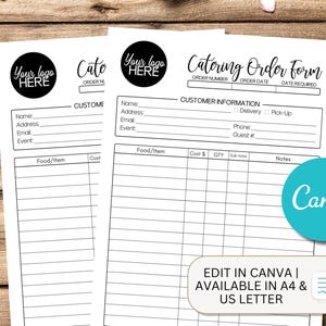 Op de afbeelding: Een wit catering bestelformulier sjabloon met zwarte tekst en lijnen. Het document bevat een cirkelvormige tijdelijke aanduiding voor een logo, velden voor klantinformatie en een tabel voor voedingsmiddelen, kosten en hoeveelheden.