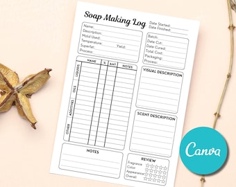 Bewerkbare zeep maken logboek planner sjabloon dagboek, zeep batch recept testen maker planner, zeep batch record logboeksjabloon, zeep maker logboek