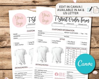 Editable T-Shirt Custom Order Form Business Template, DIY T-Shirt Order Form, Editable T-Shirt Order Form Template, Business Order Forms DIY