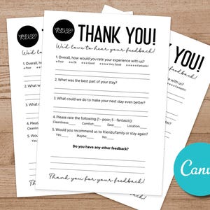 Formulário de feedback do cartão de comentários do hóspede editável Canva Airbnb Template, Cartão de comentários do hóspede com sugestões, Cartão de comentários de feedback de férias para aluguel de hotel