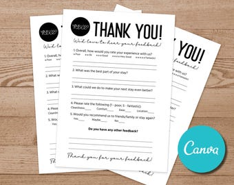 Guest Comment Card Feedback Form Editable Canva Airbnb Template, Suggestion Guest Comment Card, Hotel Rental Vacation Feedback Comment Card