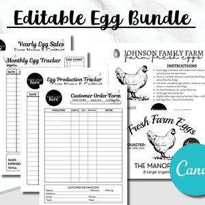 Etiquetas editables para el registro de huevos de gallina, formulario de venta de órdenes de eclosión, etiquetas personalizadas para ventas anuales de huevos frescos de granja, pegatinas imprimibles para huevos.