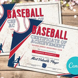 Puede incluir: Dos certificados de béisbol con un diseño vintage. Los certificados presentan un gráfico de béisbol, acentos rojos y azules y el texto "CERTIFICADO DE LOGRO DE BÉISBOL". Los certificados son para el Golden Hawks Basketball Club.