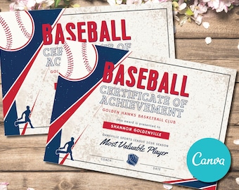 Editable Baseball Sports Certificate Template Award Gift, Printable Baseball Awards DIY Certificate Team Award Template, End of Season Award