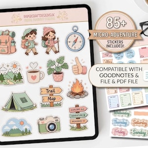 Leuke stickers voor een digitale micro-avonturenplanner, Goodnotes-stickers, kampeer- en wandeldagboek, cruise- en reisstickers (PNG/PDF), esthetische reisstickers