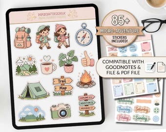 Cute Micro Adventure Digital Planner Stickers, Goodnotes Stickers, Camping Hiking Journal, Cruise Travel PNG PDF, Aesthetic Travel Stickers